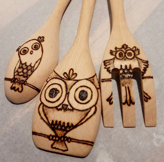 Whimsy Owl Wood Burned Spoon set