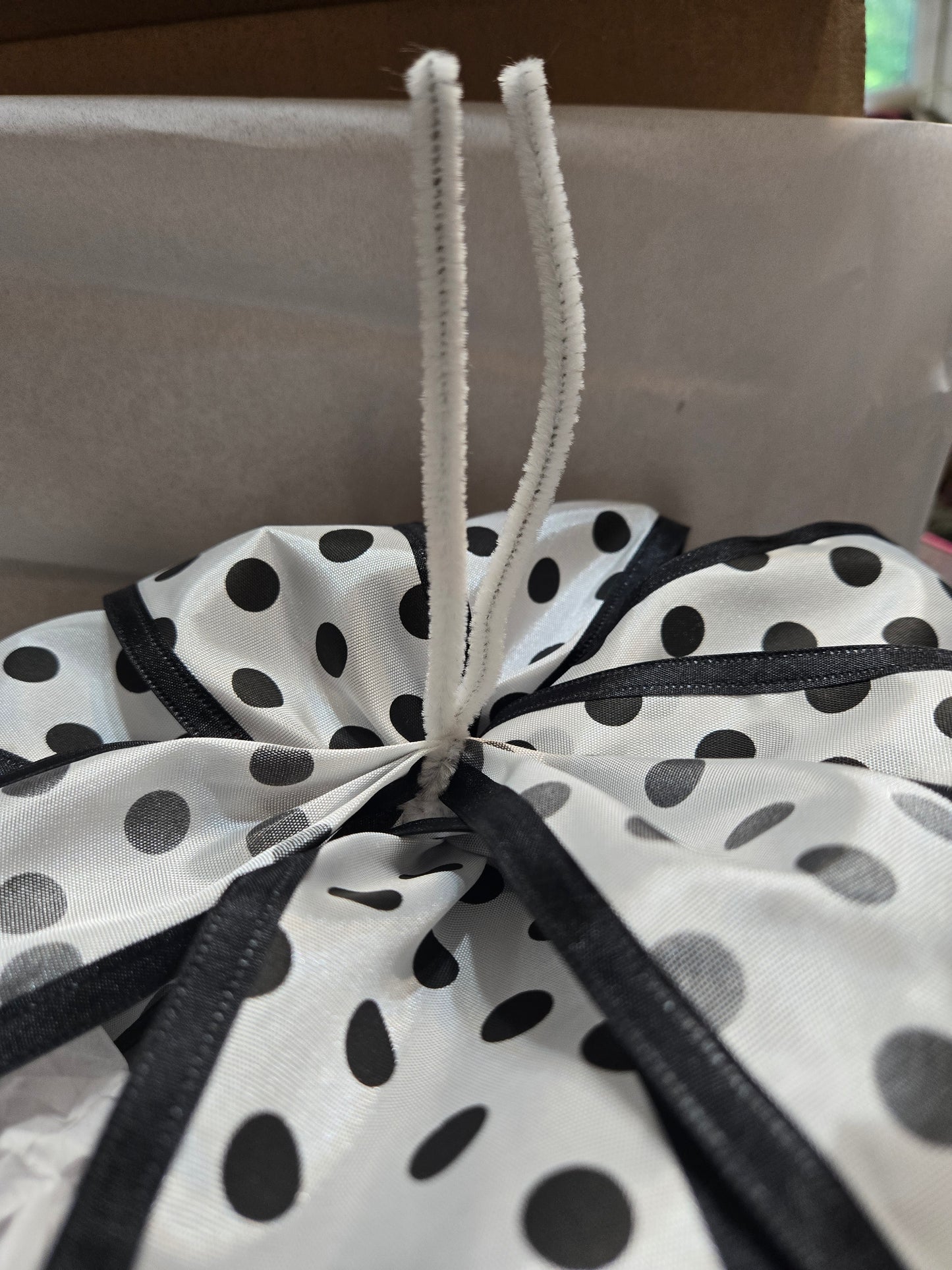 Waterfall black white pokadot handmade 10 inch wired bow with 6 in tails