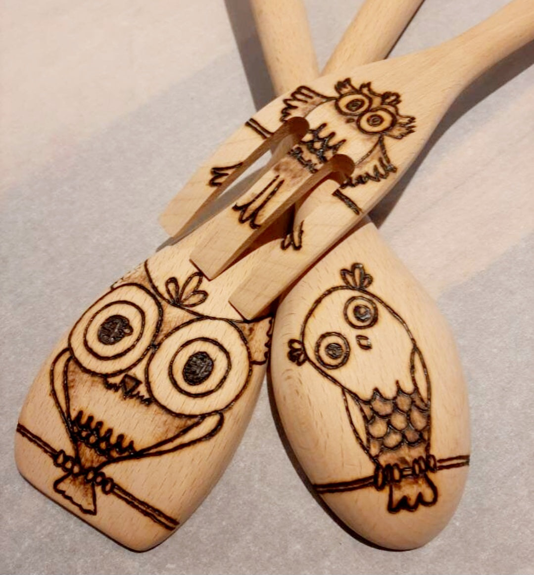 Whimsy Owl Wood Burned Spoon set