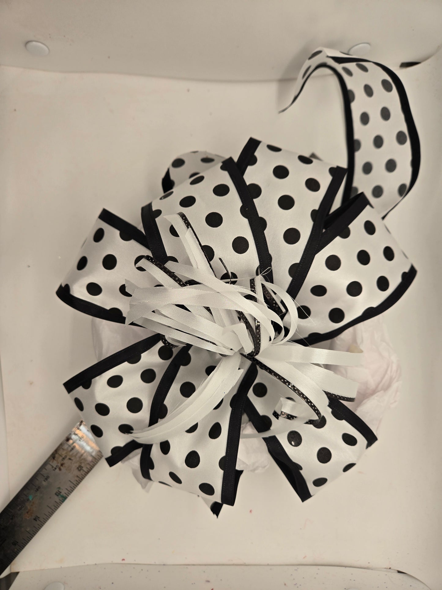 Waterfall black white pokadot handmade 10 inch wired bow with 6 in tails