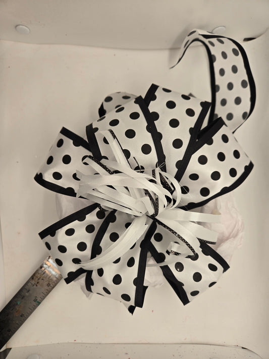 Waterfall black white pokadot handmade 10 inch wired bow with 6 in tails