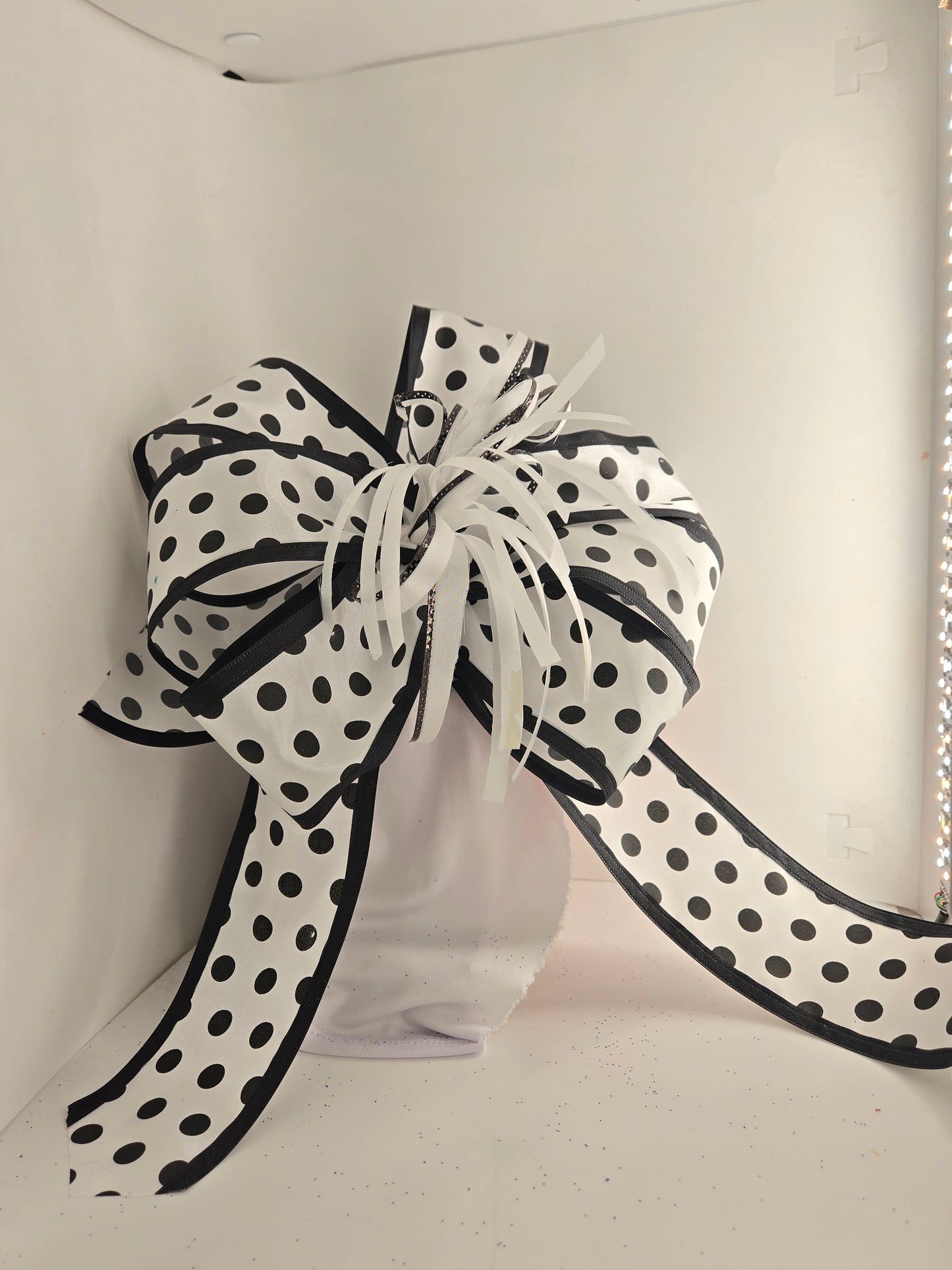 Waterfall black white pokadot handmade 10 inch wired bow with 6 in tails